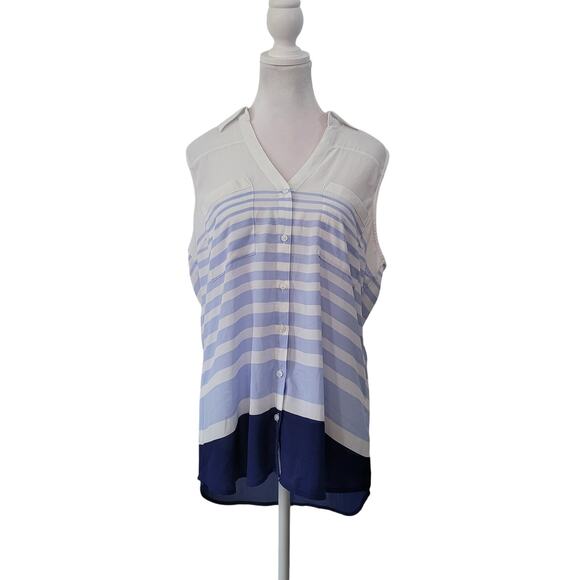 Express Size L Blue White Sleeveless Portofino Collared Button Up Blouse - Picture 1 of 7